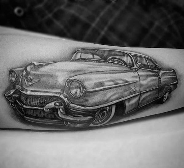 Black And Grey Manly Guys Inner Forearm Tattoo Of Vintage Cadillac Car