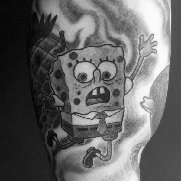 Black And Grey Masculine Spongebob Tattoos For Men