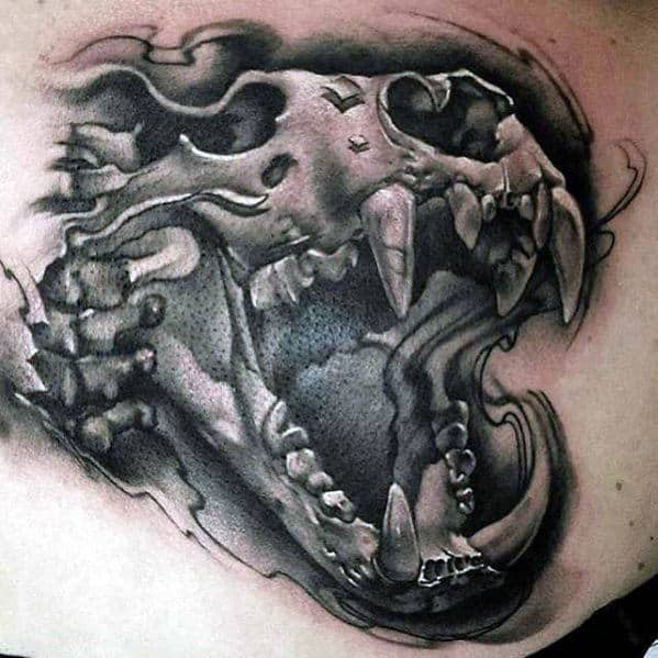 Black And Grey Mens 3d Lion Skull Rib Cage Side Tattoos