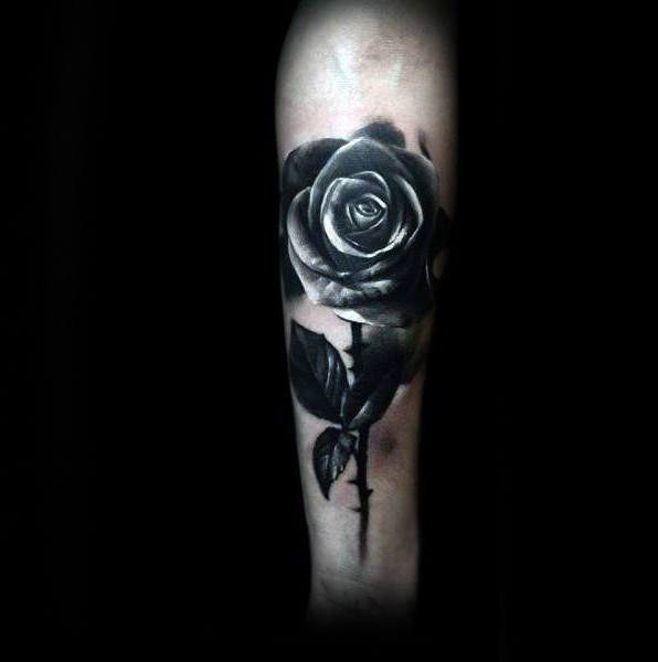 Black And Grey Realistic Inner Forearm Male Rose Flower Tattoo Ideas