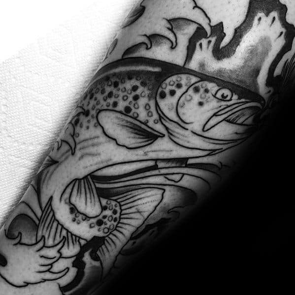 Black And Grey Shaded Forearm Trout Fish Tattoos For Guys