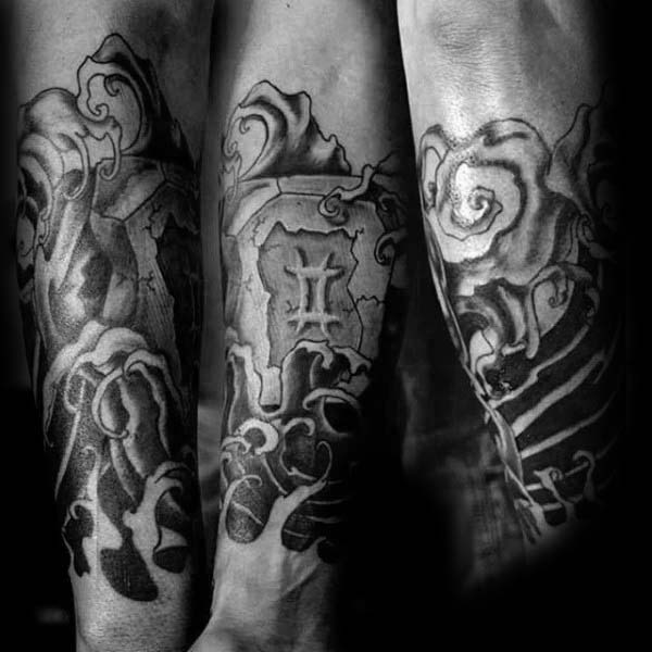 Black And Grey Shaded Guys Forearm Gemini Tattoo Ideas