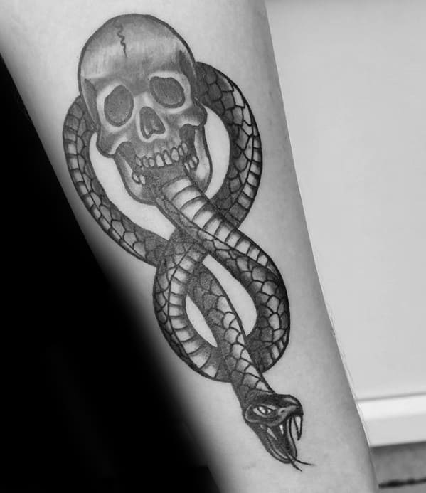 Black And Grey Shaded Harry Potter Inner Forearm The Dark Mark Tattoos For Gentlemen