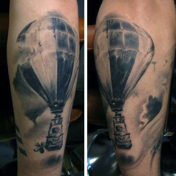 Black And Grey Shaded Ink Hot Air Balloon Male Tattoos