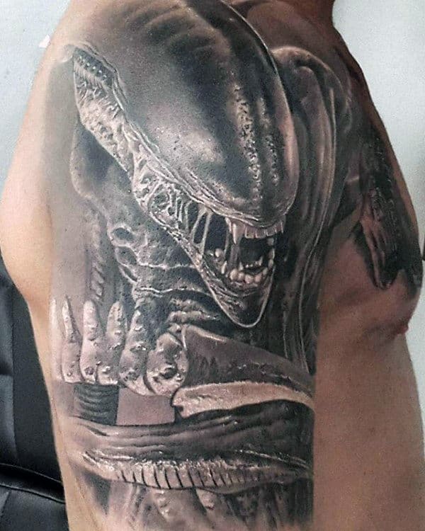 Black And Grey Shaded Mens Sleeve Alien Tattoos