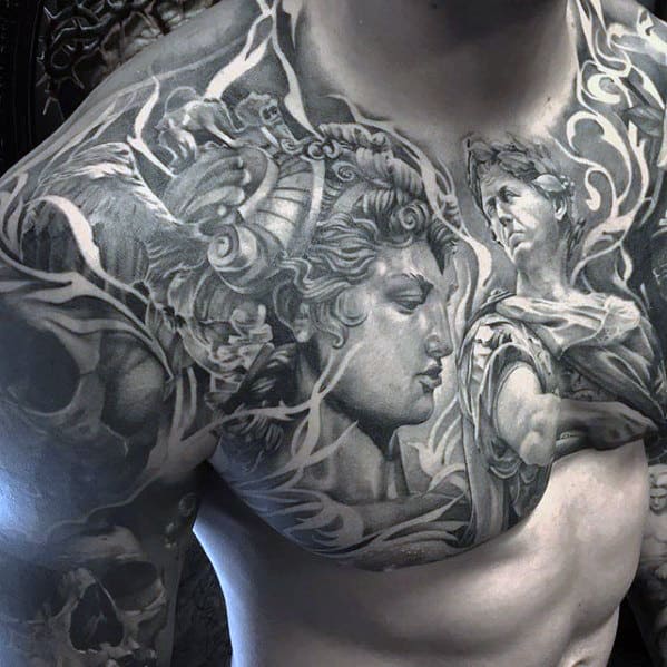 Black And Grey Shaded Roman Guys Badass Upper Chest Tattoo