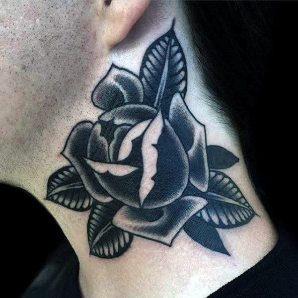 black-and-grey-shaded-rose-with-leaves-tattoo-mens-neck