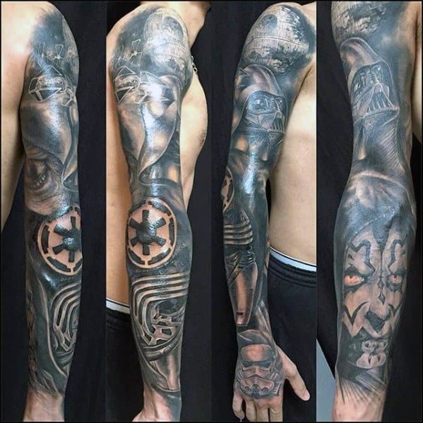 Black And Grey Sleeve Darth Maul Tattoos Men