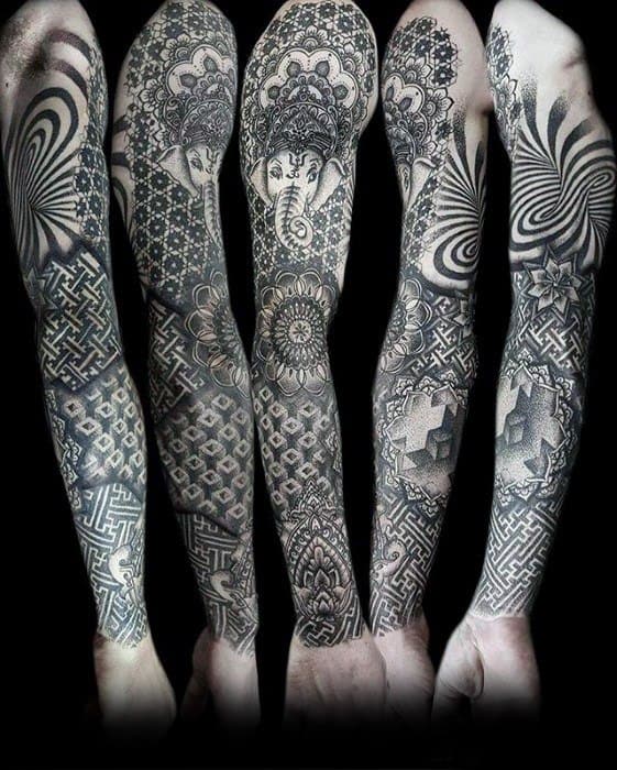Black And Grey Sleeve Mandala Tattoo Designs For Males