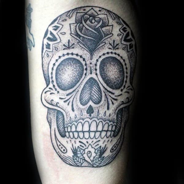 Black And Grey Sugar Skull Tattoo On Male With Rose Flower