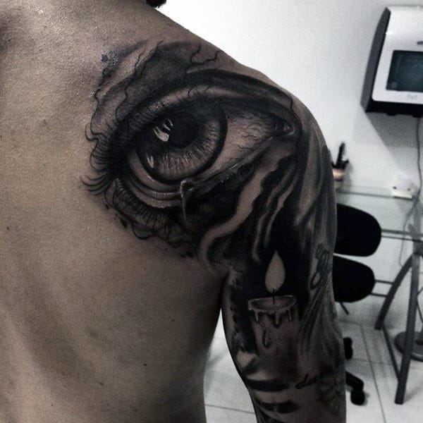 Black And Grey Tattoo Of Clear Eyes And Lit Candle Tattoo
