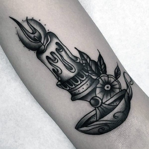 Black And Grey Traditional Candle Forearm Tattoo Designs For Guys