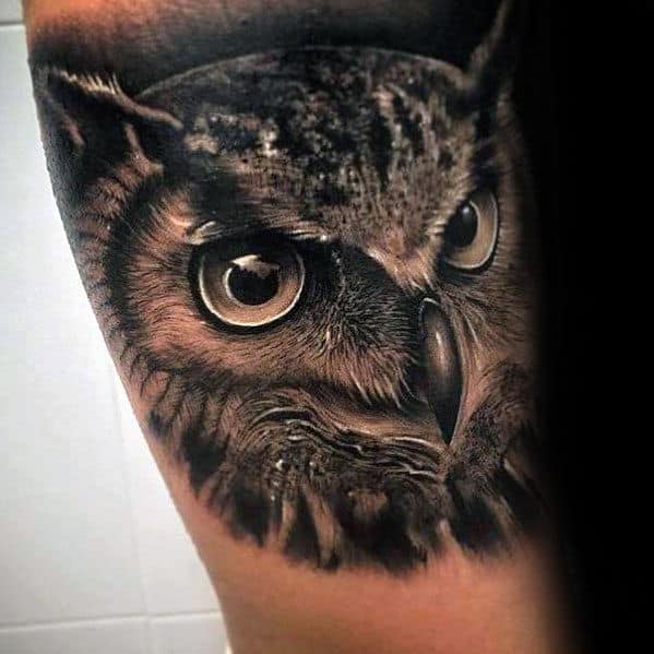 Black And Grey Ultra Realistic Guys 3d Owl Arm Tattoo Designs