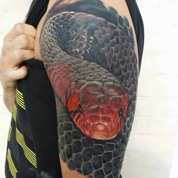 Black And Red 3d Mens Snake Half Sleeve Tattoo Designs