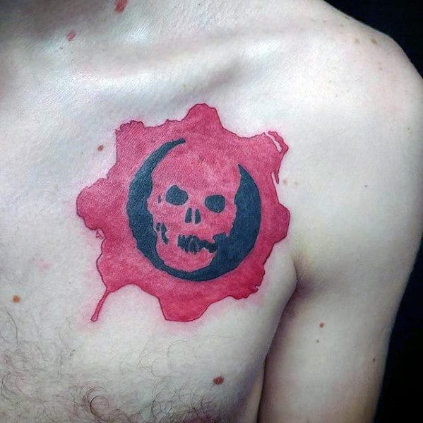 Black And Red Gears Of War Male Chest Tattoos.