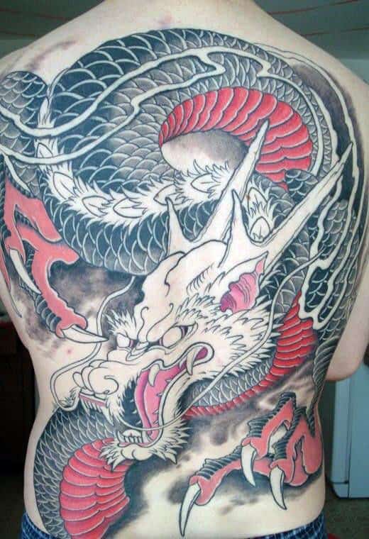 Black And Red Ink Chinese Dragon Mens Full Back Tattoo