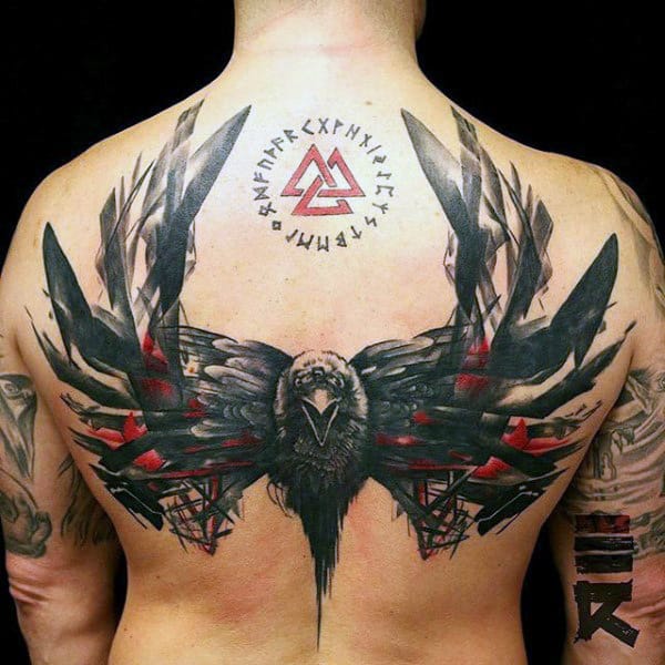 Black And Red Ink Crow Mens Back Tattoo