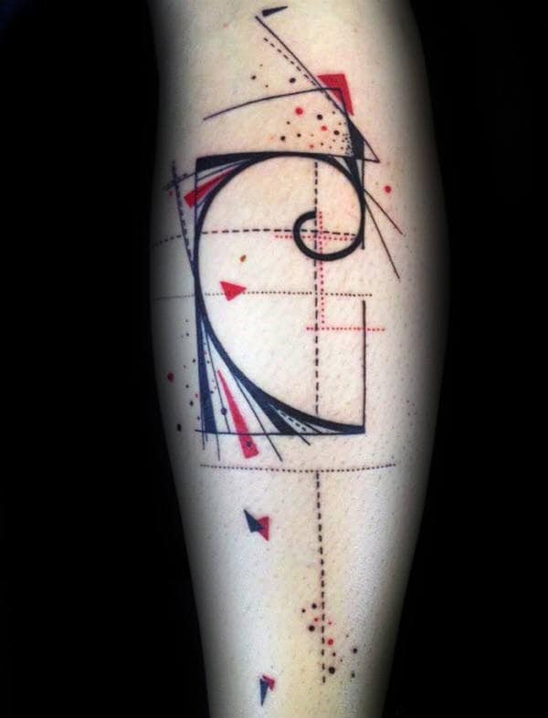 Black And Red Ink Guys Fibonacci Spiral Abstract Leg Tattoos