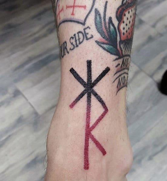 Black And Red Ink Guys Small Rune Foot Tattoo With Dotwork Design