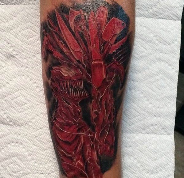 Black And Red Ink Inner Forearm Carnage Tattoos For Gentlemen