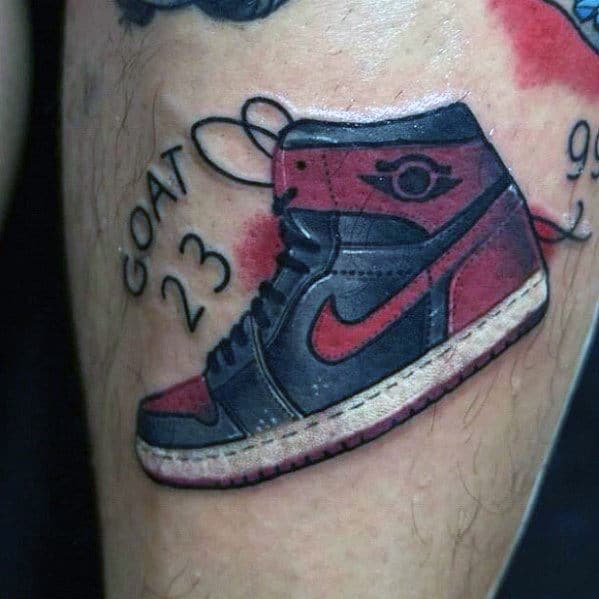Black And Red Ink Mens Old School Nike Shoe Tattoo On Leg