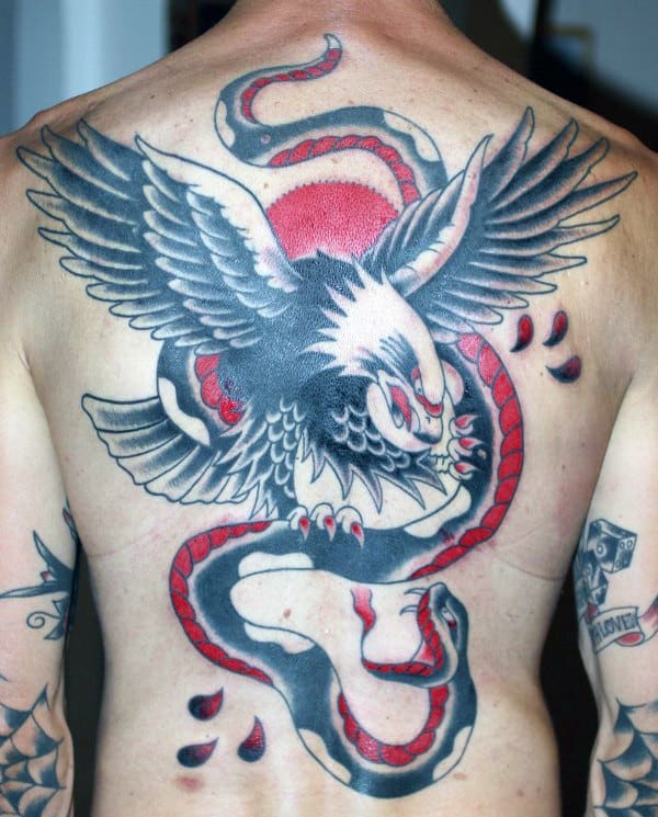 Black And Red Ink Mens Traditional Eagle Flying With Snake Back Tattoos