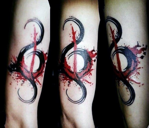 Black And Red Ink Music Note Arm Watercolor Tattoos For Men