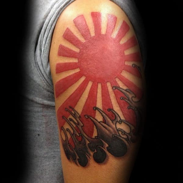 Black And Red Ink Rising Sun With Shaded Waves Guys Upper Arm Tattoo