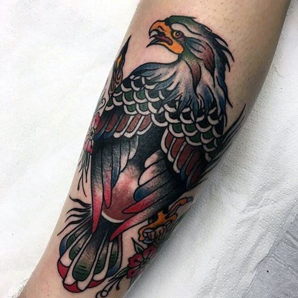 Black And Red Male Traditional Shaded Eagle Tattoo Design On Forearm