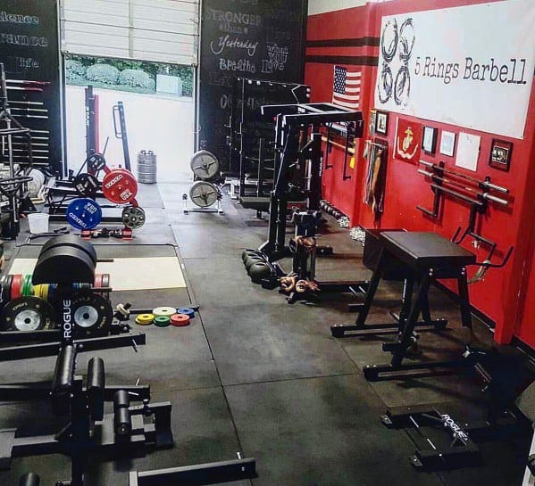 Black And Red Themed Garage Gym Ideas With Rubber Flooring