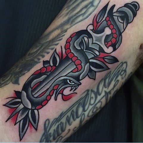 Black And Red Traditional Dagger Shaded Mens Snake Arm Tattoo Ideas