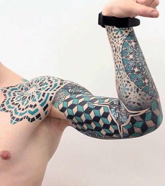 Black And Teal Ink Geometric Sleeve Mens Tattoo Designs