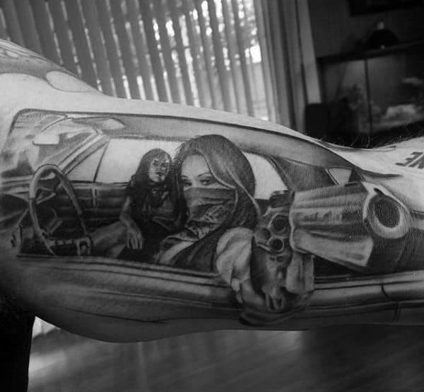 Black And White 3D Pointing Revolver And Ladies In Car Tattoo Mens Forearms