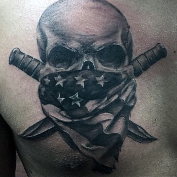 Black And White American Flag Tattoo Designs On Mens Chest With Skull