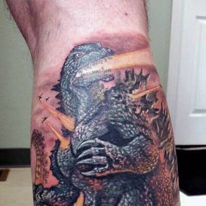 Black And White Godzilla With Fire Tattoo For Man