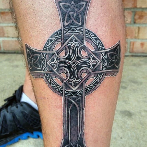 Black And White Ink Celtic Cross Leg Tattoo On Male
