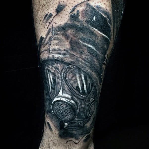 Black And White Ink Gas Mask Tattoos For Men On Leg Calf