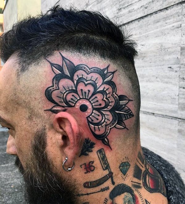 Black And White Ink Guys Traditional Flower Head Tattoo