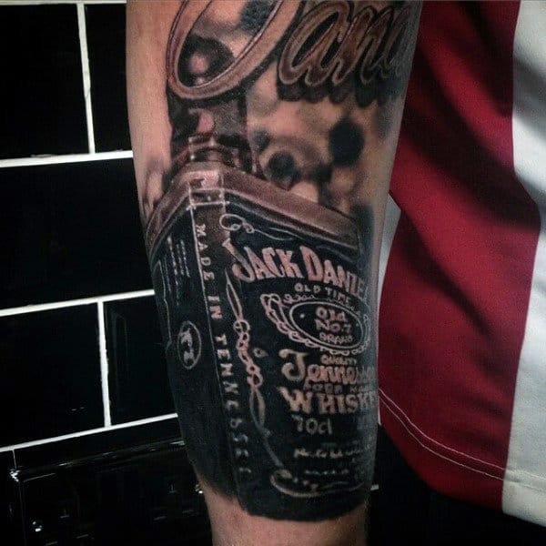 Black And White Ink Male Jack Daniels Arm Tattoos