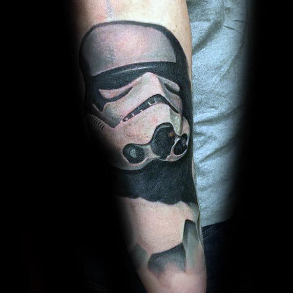 Black And White Ink Stormtrooper Inner Forearm Tattoos For Gentlemen