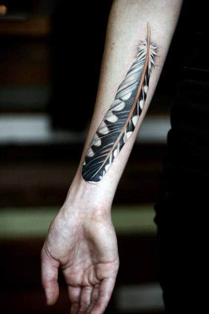 Black And White Ink Turkey Feather Mens Inner Forearm Tattoos