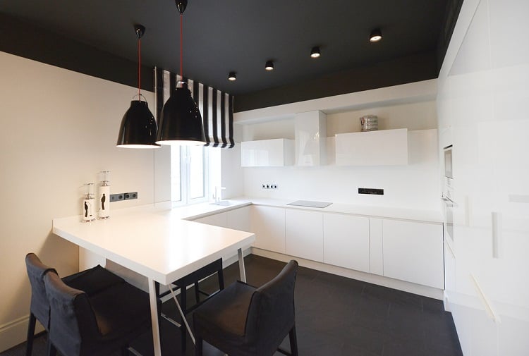 white kitchen black ceiling 