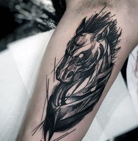 Black And White Sketch Of Horse Tattoo Male Forearms