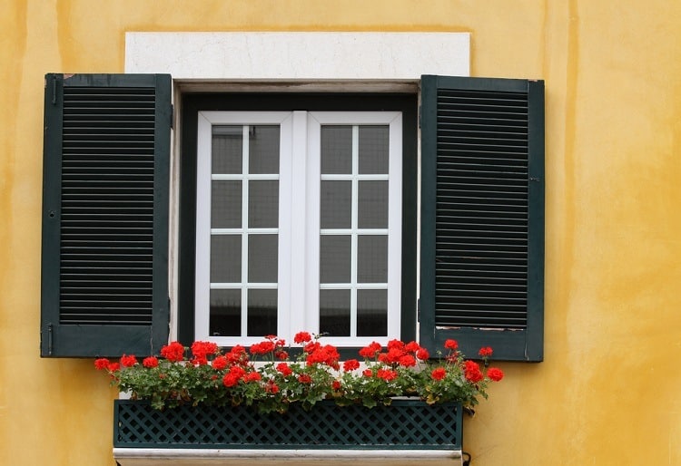 black and white wooden exterior window trim yellow wall window sill planter