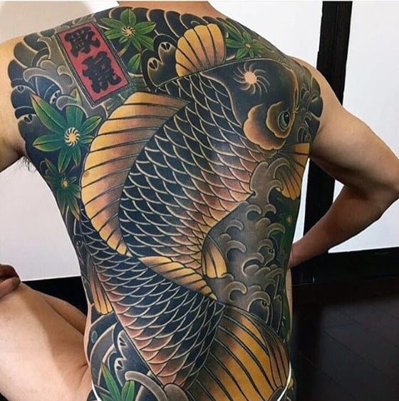 Black And Yellow Koi Fish Japanese Cool Back Tattoos For Guys
