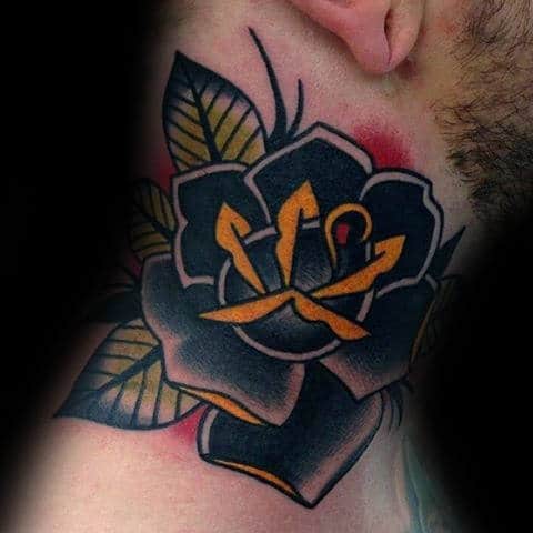 Black And Yellow Male Black Rose With Green Leaves Neck Tattoo