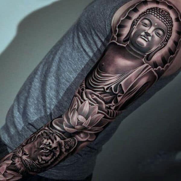 Black Art Buddha With Tiger And Lotus Tattoo On Full Arms For Men