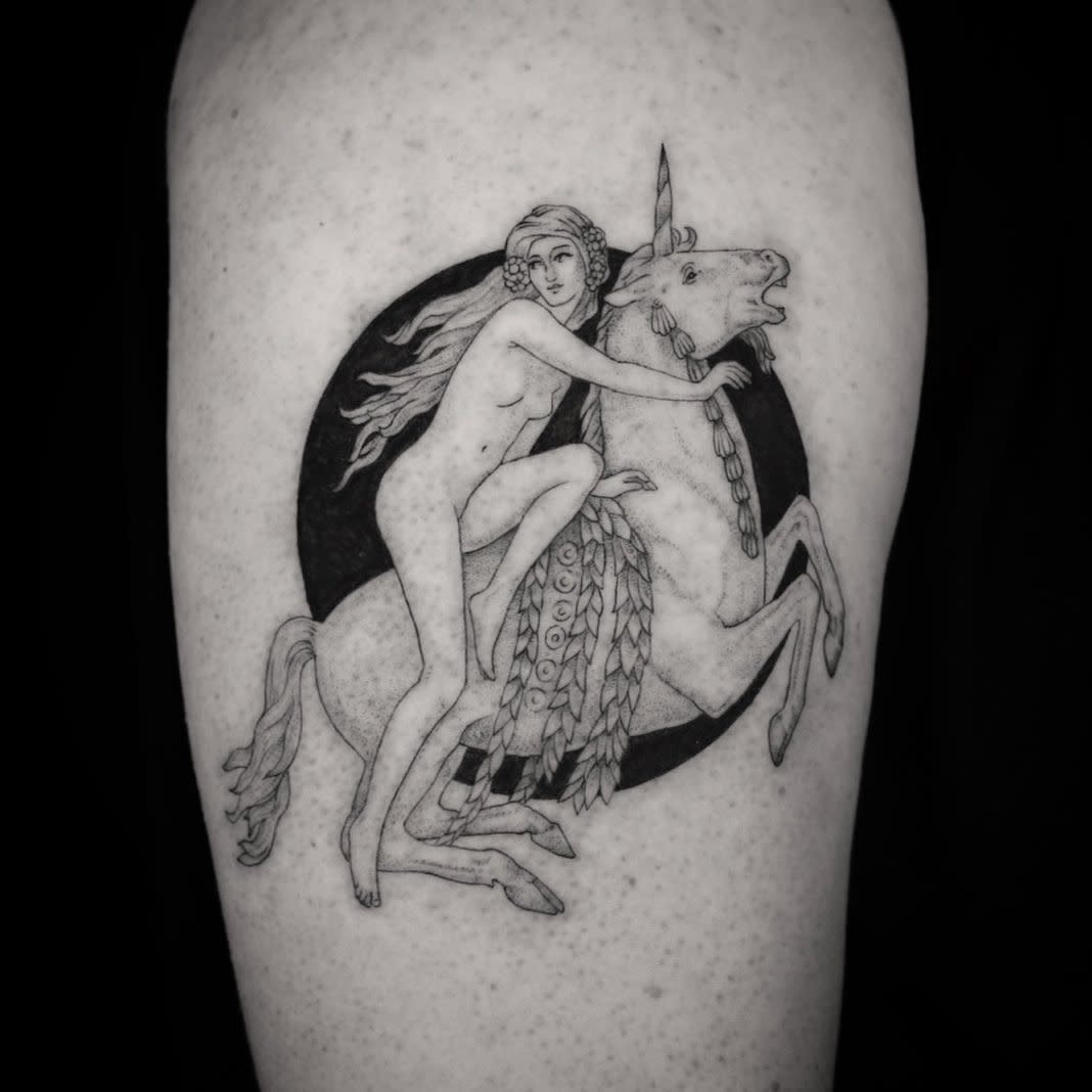 Black Background Circle Grayscale Nude Woman Riding Unicorn Delicate Tattoo