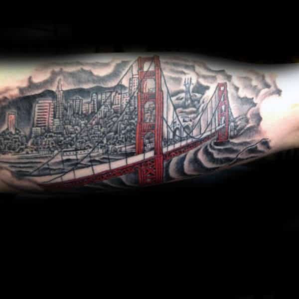 Black Background With Red Golden Gate Bridge Guys Arm Tattoos