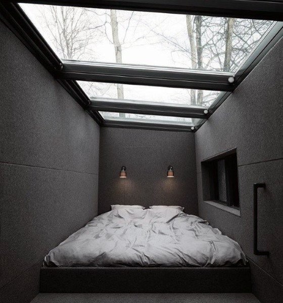 Black Bedroom Decor With Glass Window Ceiling Skylights
